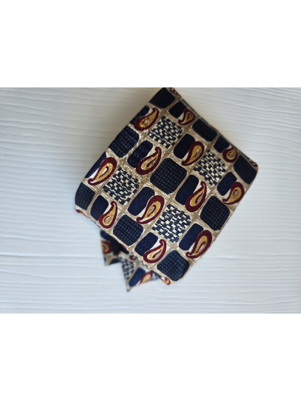 Mark Shale 100% Silk Tie Hand Made Italy 64x4 Geometric Paisley Navy Gold